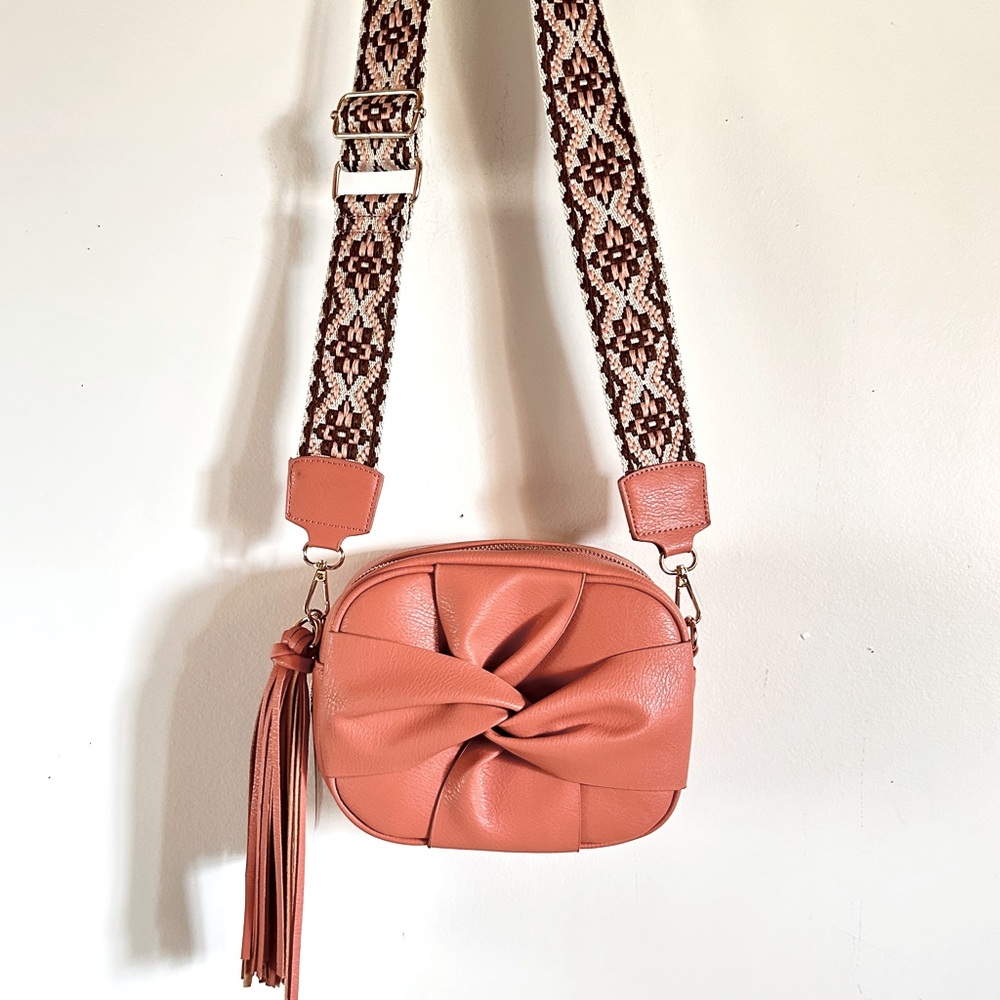 Coral Crossbody Tassel Twist Bag w Aztec Guitar Strap Vegan Faux Leather